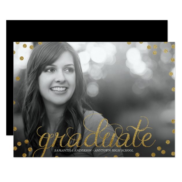 Gold Script Glitter Look Photo Graduation Invite
