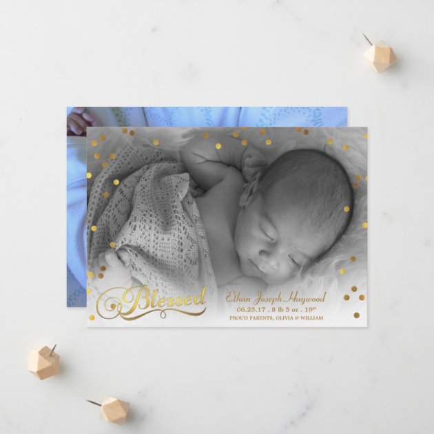 Blessed Photo Gold Confetti Birth Announcement