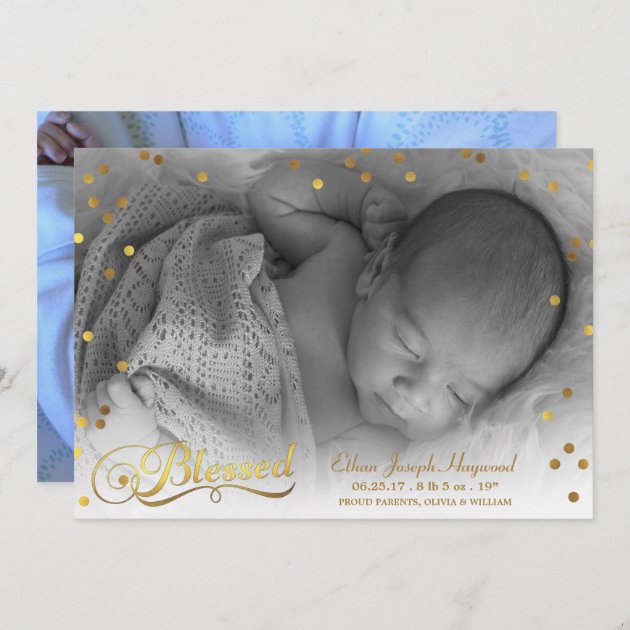 Blessed Photo Gold Confetti Birth Announcement