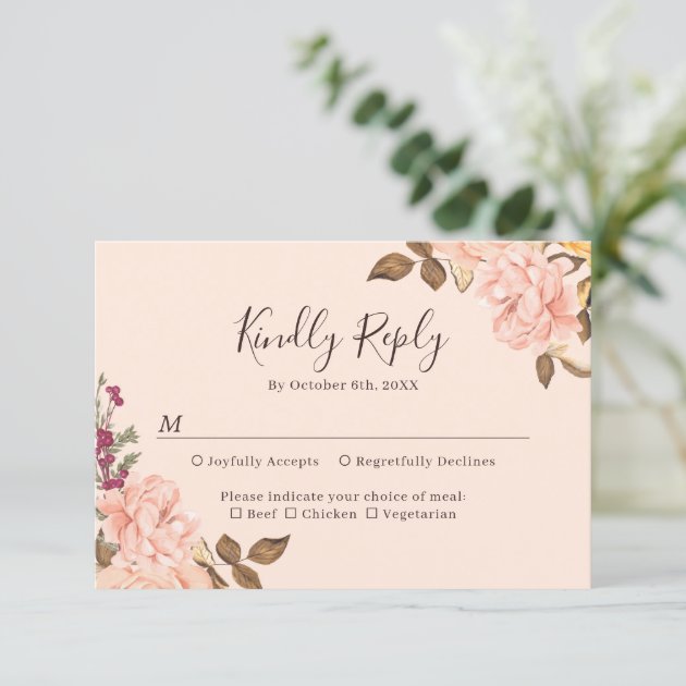Blush Gold Brown Watercolor Floral Fall Wedding RSVP Card