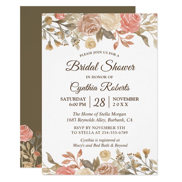 Autumn Rustic Beige Brown Floral Bridal Shower Invitation