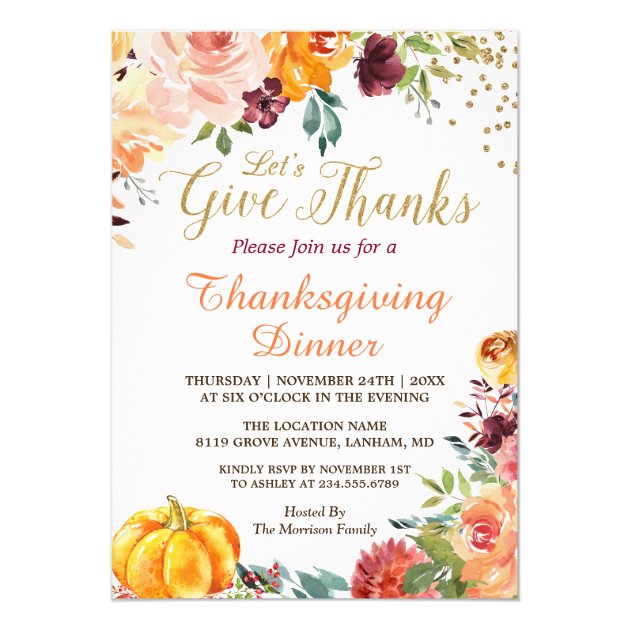 Let's Give Thanks Fall Pumpkin Thanksgiving Dinner Invitation