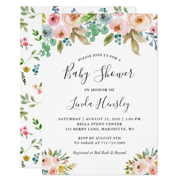 Graceful Watercolor Floral Girl Baby Shower Card