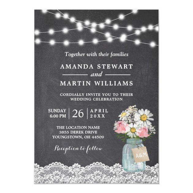 Twinkle Lights Chalkboard Lace Floral Wedding Invitation
