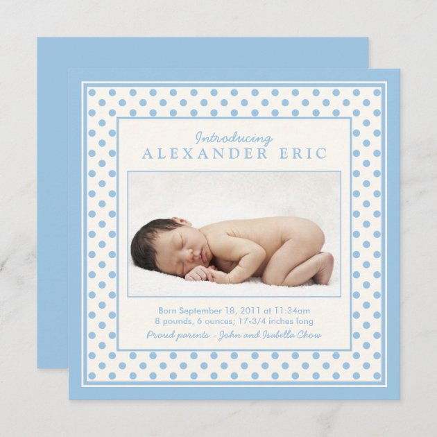 Blue Baby Boy Polka Dot Photo Birth Announcement