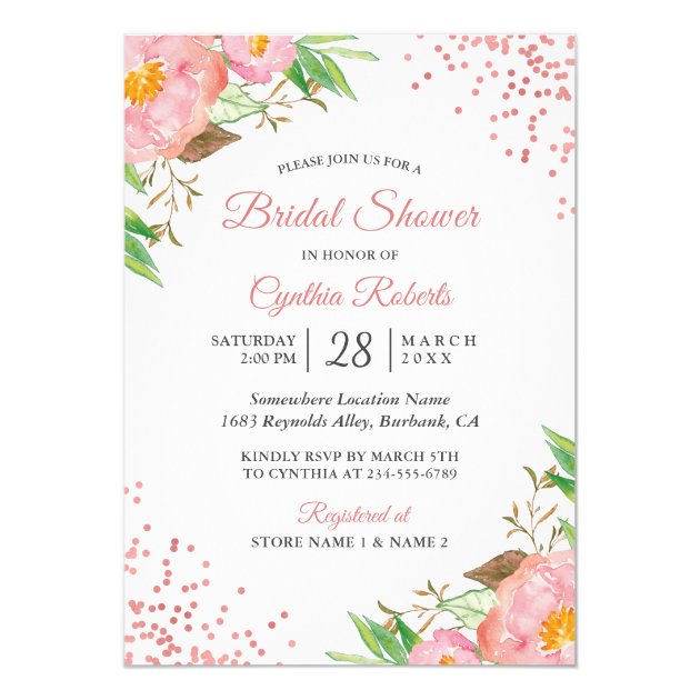 Romantic Blush Pink Floral Confetti Bridal Shower Card