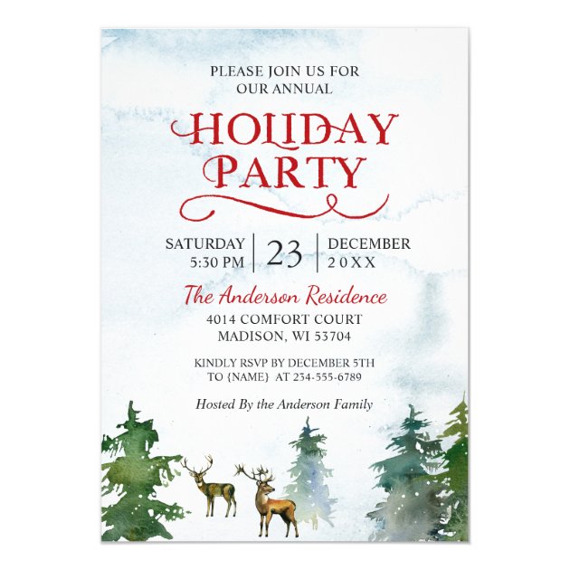 Watercolor Woodland Deer Snow Forest Holiday Party Card