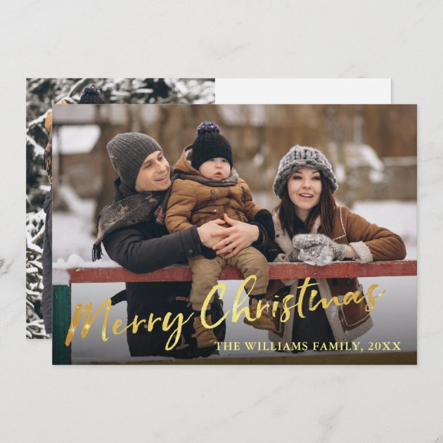 Elegant Gold Script Merry Christmas 2 Photos Holiday Card