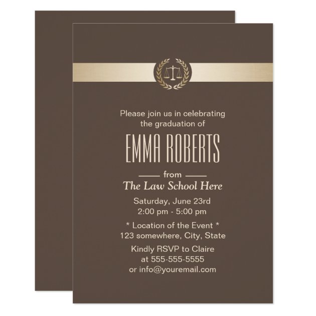 Law School Graduation Elegant Brown & Gold Invitation