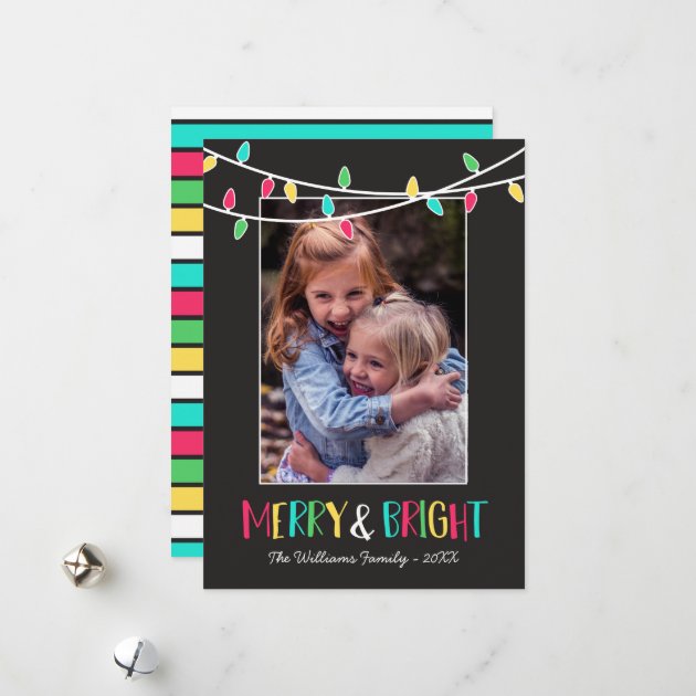 Merry & Bright - Colorful String Lights - Photo Holiday Card