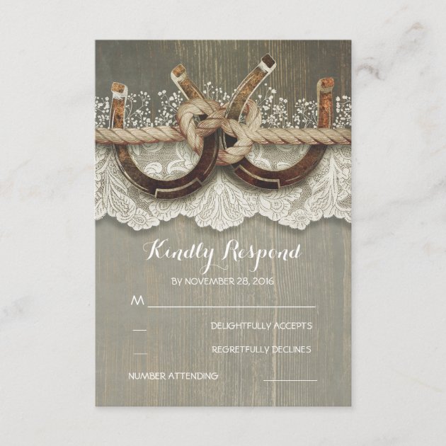 Rustic Country Horseshoes Wood Lace Wedding RSVP