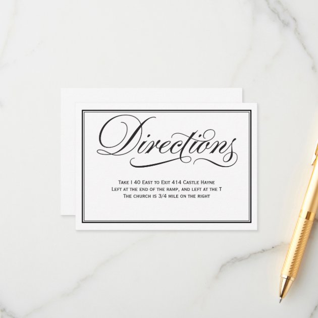 Black And White Calligraphy Wedding Directions Enclosure Card