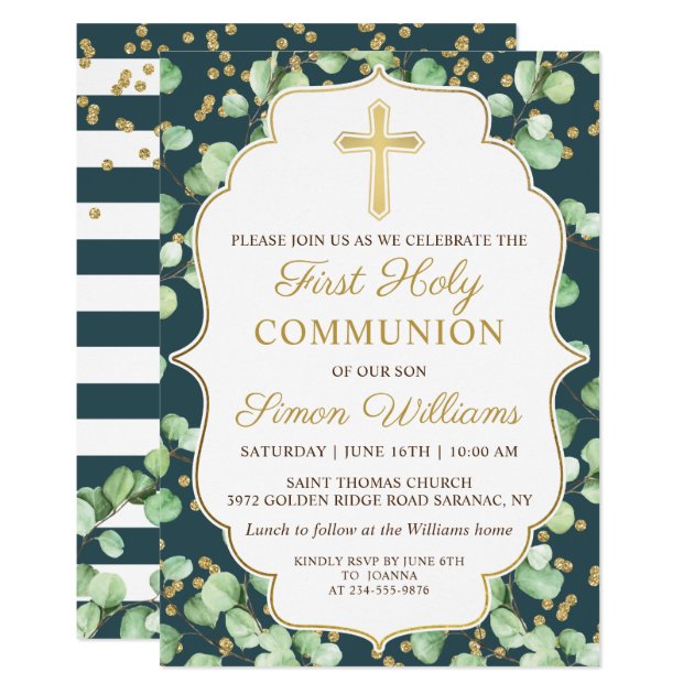 Greenery Gold Glitter First Holy Communion Invitation