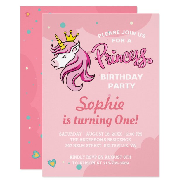 Girl Unicorn Princess Kids Baby Birthday Party Invitation