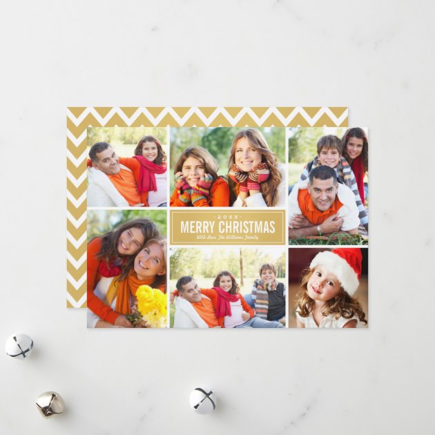 Photo Collage Christmas Card | Gold Chevron