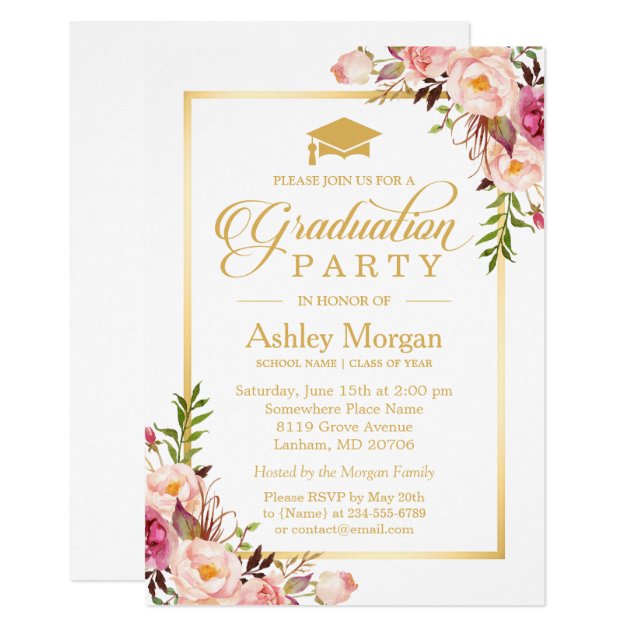 2018 Graduation Party Chic Floral Golden Frame Invitation