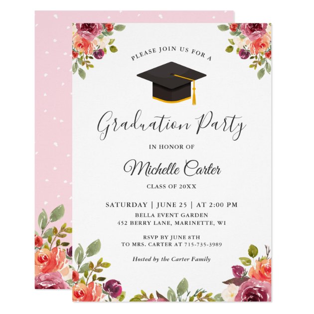 Modern Botanical Floral Girl Grad Graduation Party Card
