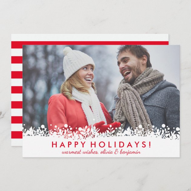 Modern Snowflake Berry Border Happy Holidays Photo Holiday Card