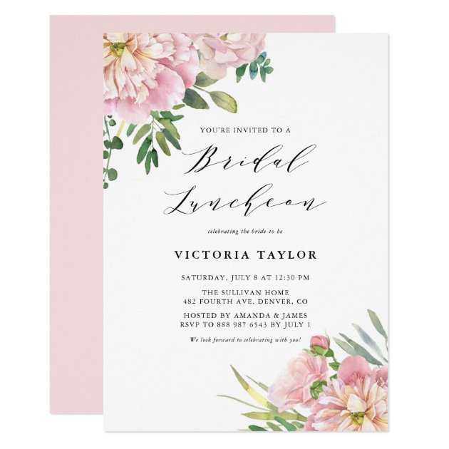 Blush Pink Watercolor Roses Floral Bridal Luncheon Invitation