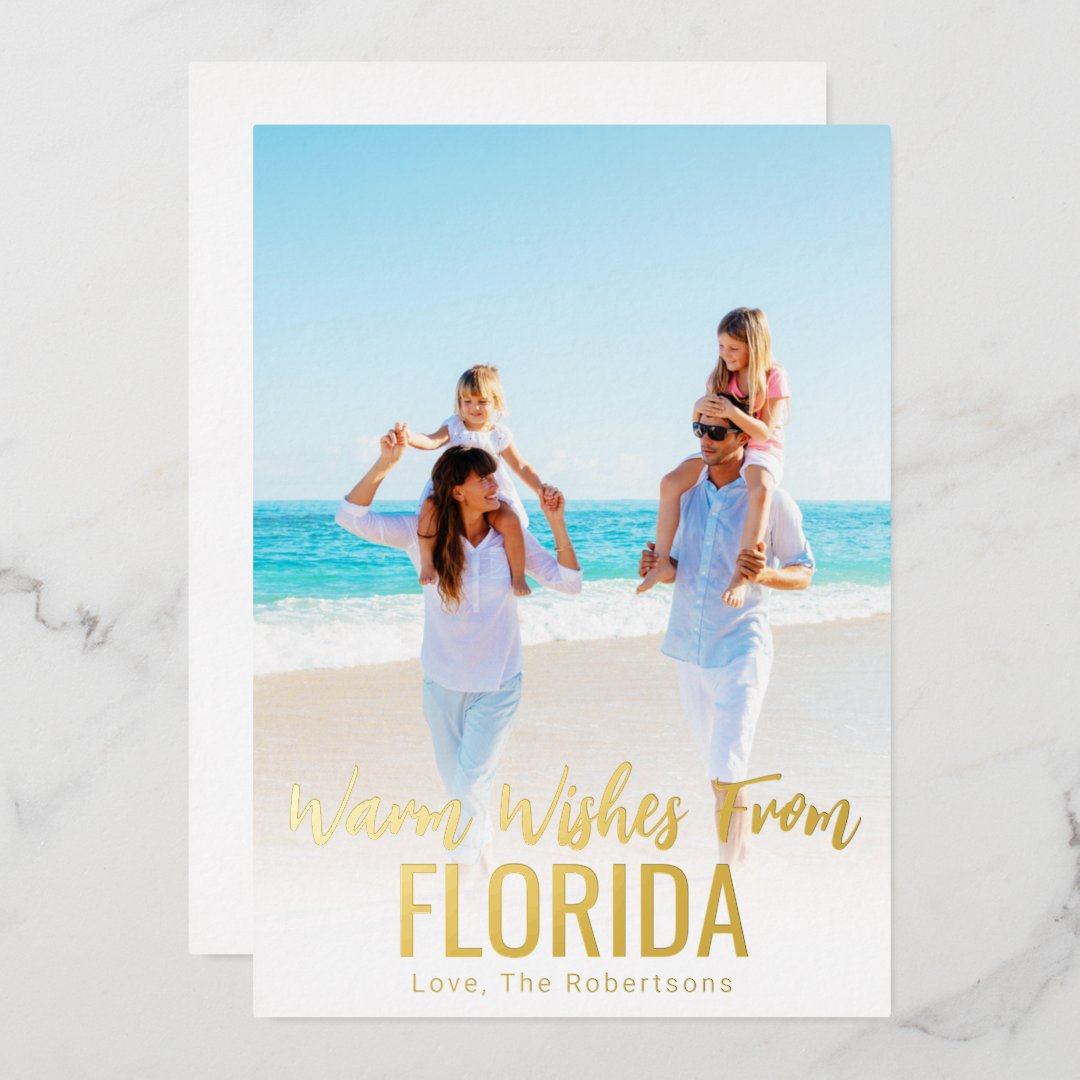 Family Beach Photo Christmas Card Gold Foil State