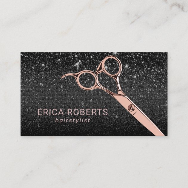 Hair Stylist Rose Gold Scissor Black Glitter Salon Business Card