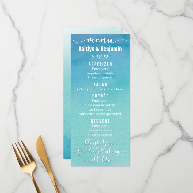 Blue & Teal Ombre Watercolor Wedding Menu Card