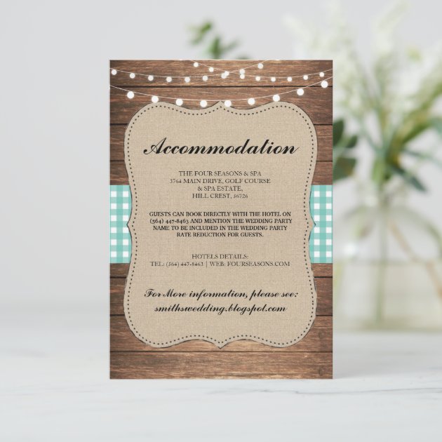 Teal Check Rustic Accommodation Wood Wedding Cards