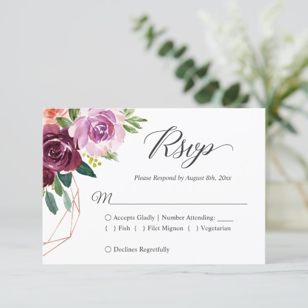 Beautiful Plum Purple Floral Wedding RSVP Card