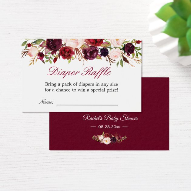 Baby Shower Diaper Raffle Burgundy Red Floral Business Card