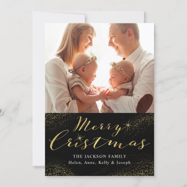 Modern Script Black Gold Glitter Christmas 2 Photo Holiday Card