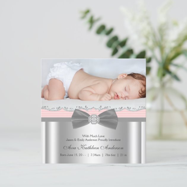 Pink Gray Baby Girl Photo Birth Announcement