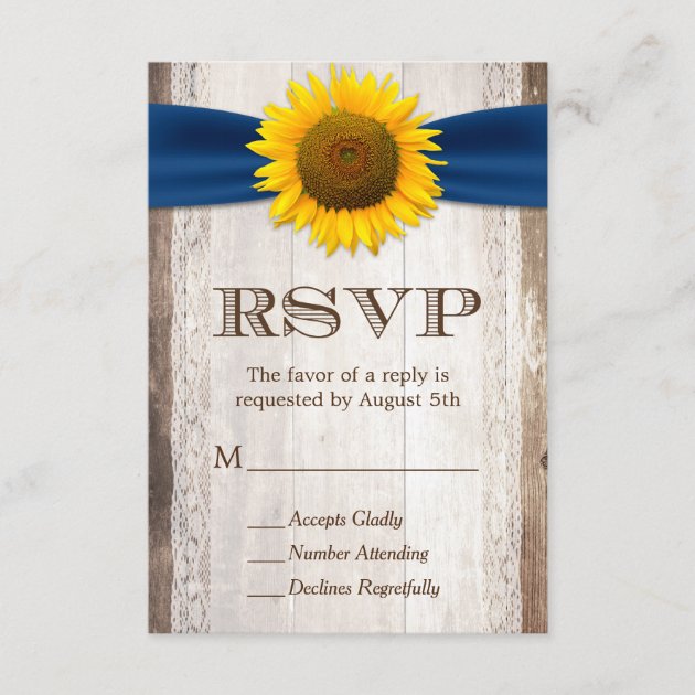 Sunflower Navy Ribbon Lace Rustic Barn Wood RSVP