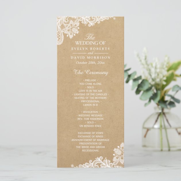 Rustic Kraft Classy White Lace Wedding Program