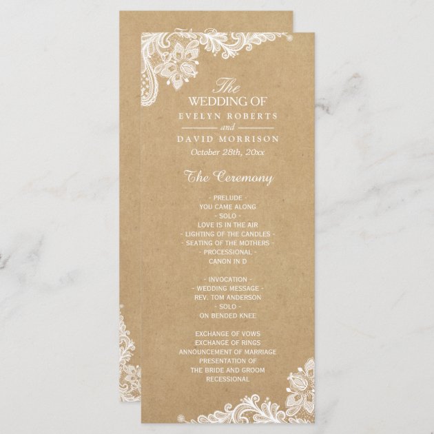 Rustic Kraft Classy White Lace Wedding Program