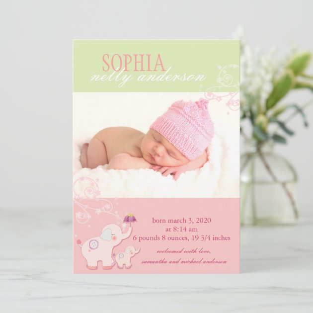 Pink Elephant Baby Girl Photo Birth Announcement