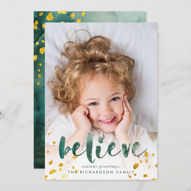 Green Watercolor And Gold Believe | Photo Holiday Card