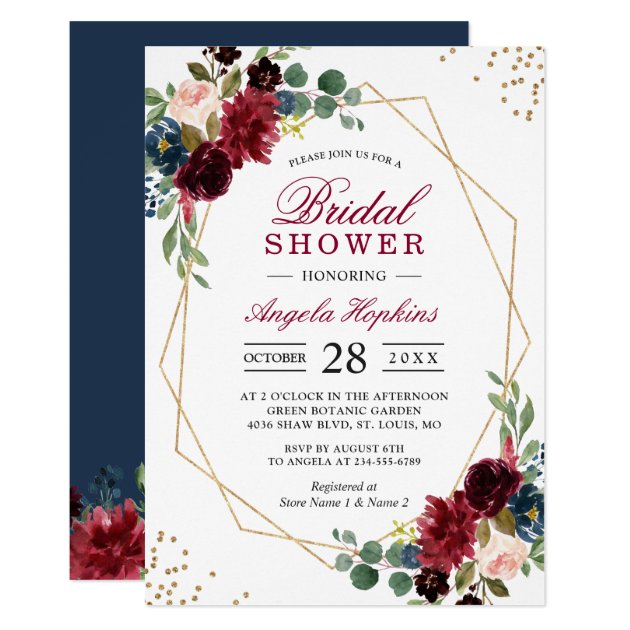 Burgundy Blue Floral Gold Geometric Bridal Shower Invitation