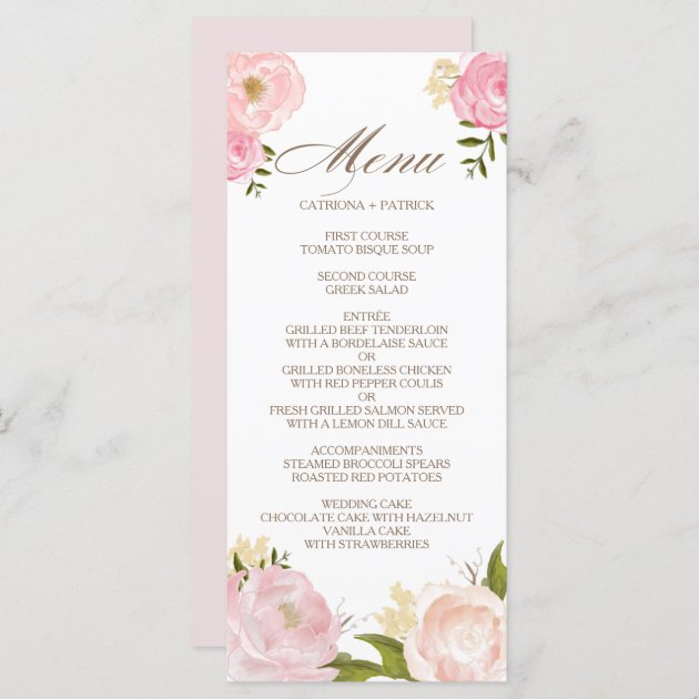 Romantic Pink Watercolor Flowers Wedding Menu Card