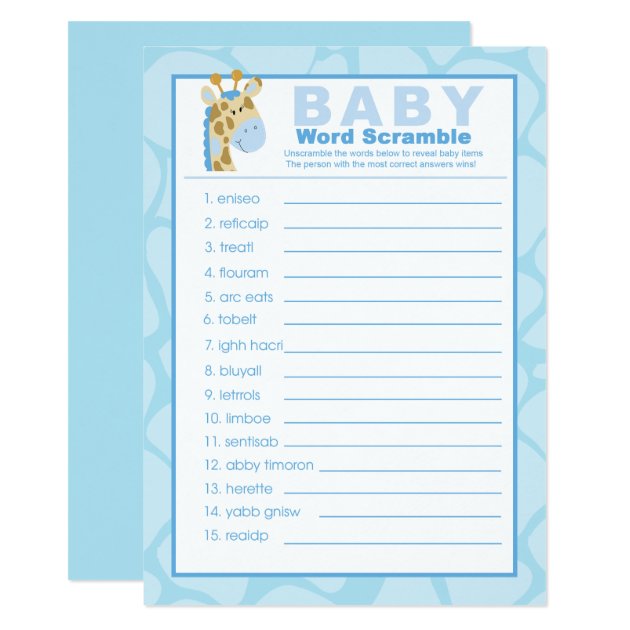 Blue Giraffe Baby Shower Word Scramble Game Invitation