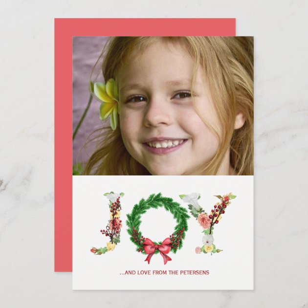 Simple Floral Christmas Wreath Joy Script Photo Holiday Card