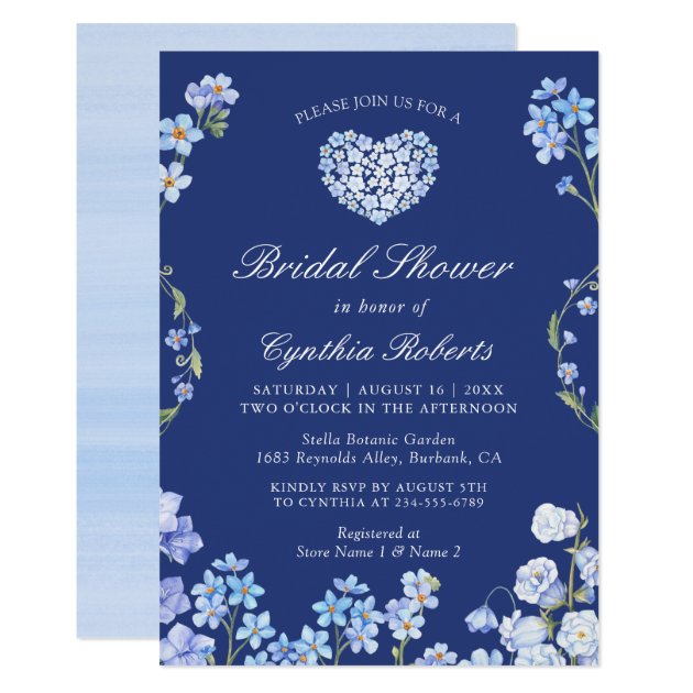 Forget Me Nots Heart Blue Floral Bridal Shower Invitation