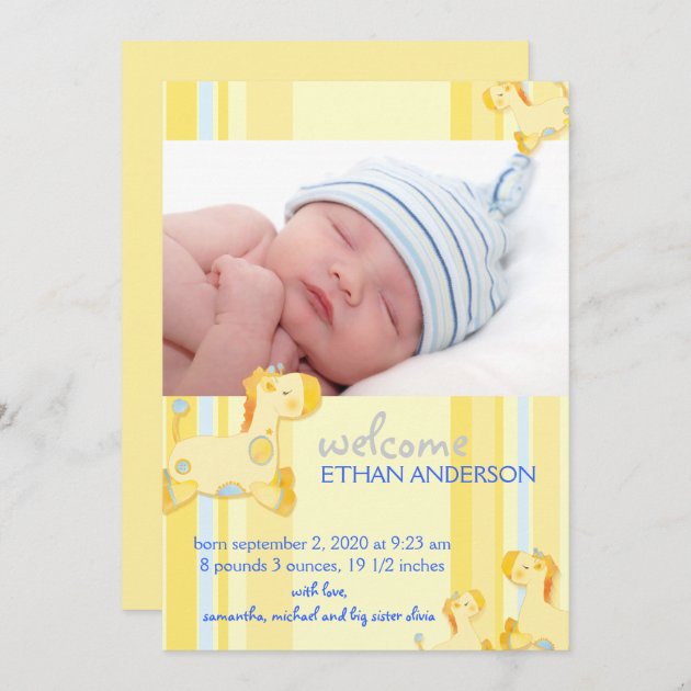 Safari Giraffe Baby Boy Photo Birth Announcement