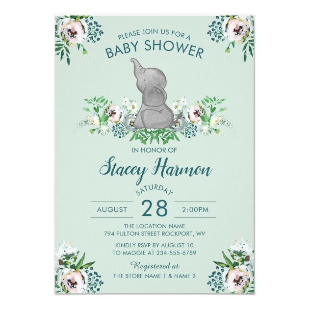 Elephant Baby Shower Invitation Mint Green Floral