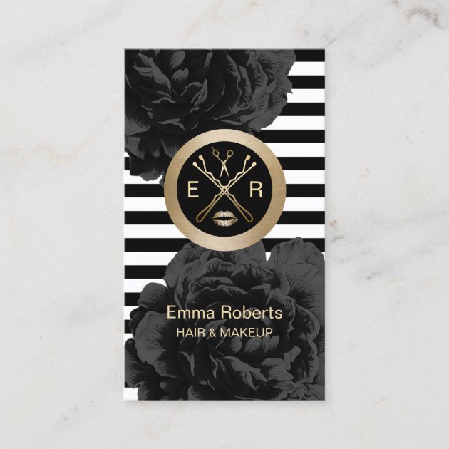 Makeup Artist & Hair Stylist Modern Stripes Floral Business Card (front side)