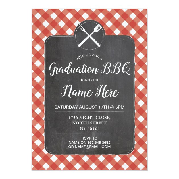 Graduation Party Invite Red Gingham BBQ Chalk