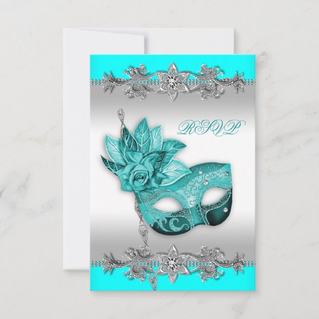 Silver Turquoise Blue Masquerade Party RSVP
