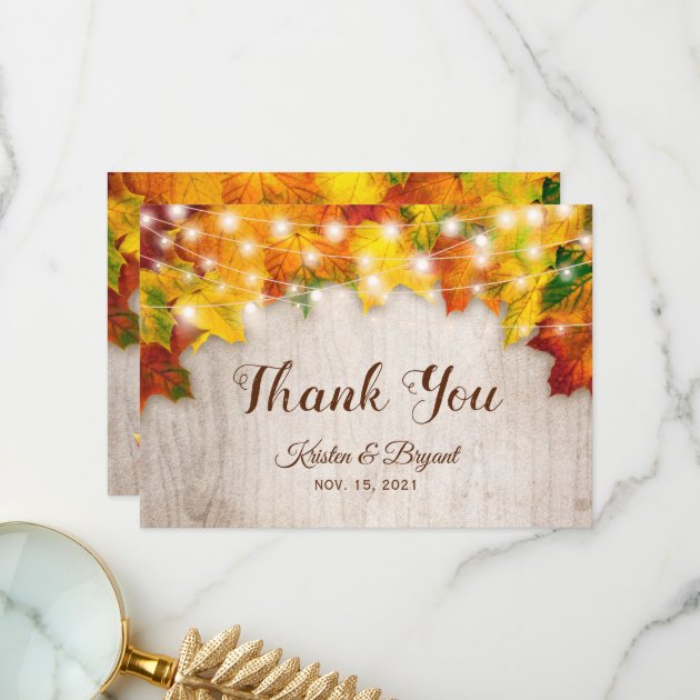 Rustic Autumn Leaves String Lights Thank You Card