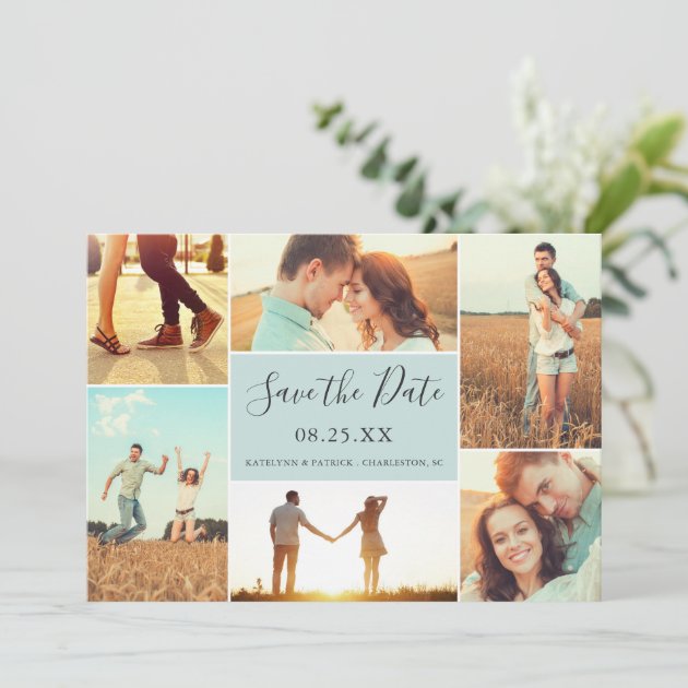 Photo Collage Save The Date Flat Card | Light Aqua