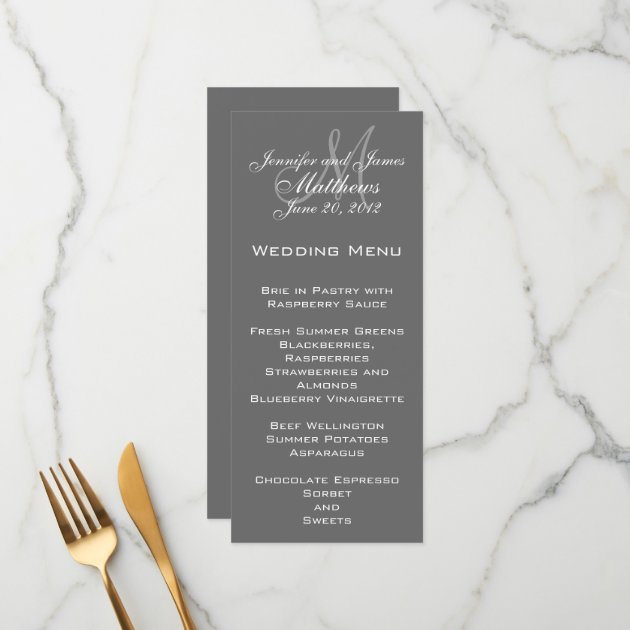 Grey White Elegant Monogram Wedding Menu Cards