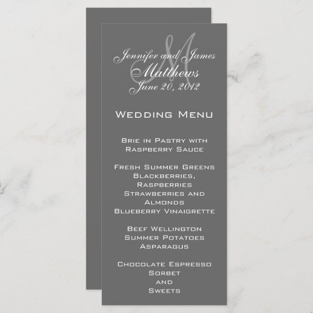 Grey White Elegant Monogram Wedding Menu Cards